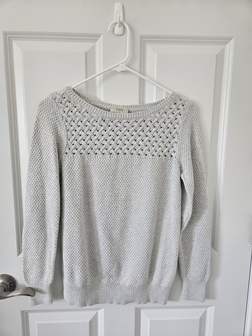 LOFT Light Gray Crewneck Sweater with Textured Yoke